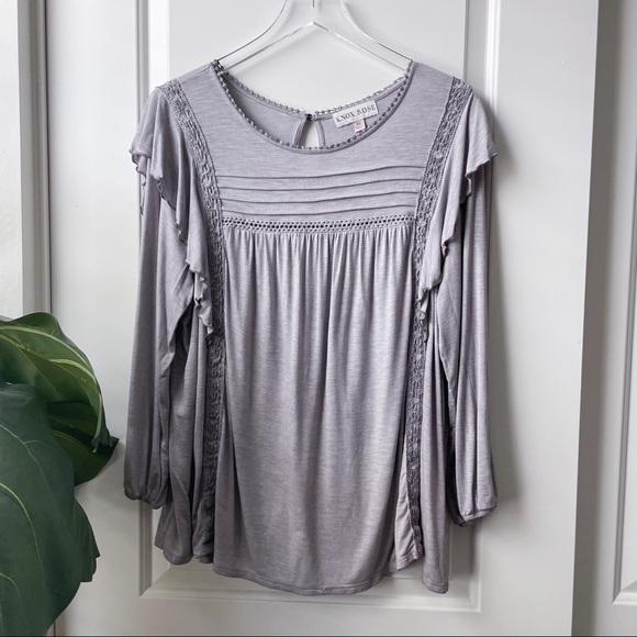Knox Rose Tops - Knox Rose Grey Boho Ruffle Crochet Trim Blouse XL